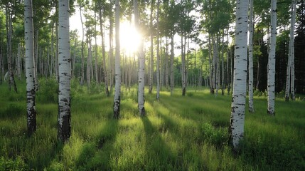 Aufkleber - Sunlight filtering through tall aspen trees in a lush green forest creating a peaceful natural scene : Generative AI