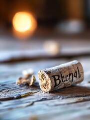 Aufkleber - Wine cork engraved with the word Bteenal on a rustic wooden table : Generative AI