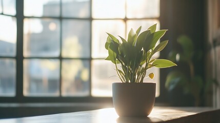 Poster - Indoor shot of a vibrant green plant in a modern pot placed on a wooden table by a sunny window : Generative AI