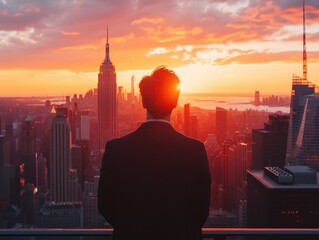 Poster - A person standing on the edge of a cityscape, looking out at the urban landscape