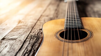 Aufkleber - Close up view of an acoustic guitar resting on rustic wooden surface : Generative AI
