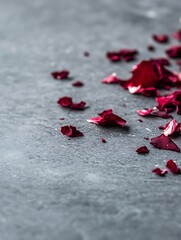 Leinwandbilder - Delicate scattering of dried rose petals on a smooth gray surface creating an elegant look : Generative AI