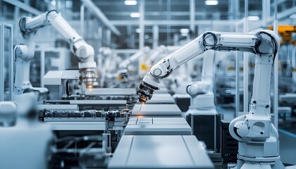 Poster - A modern manufacturing facility featuring robotic arms efficiently assembling products on a production line. The scene reflects advanced technology and innovation in automation.