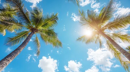 palm trees against bright blue sky with fluffy clouds and vibrant sunlight streaming through : gener