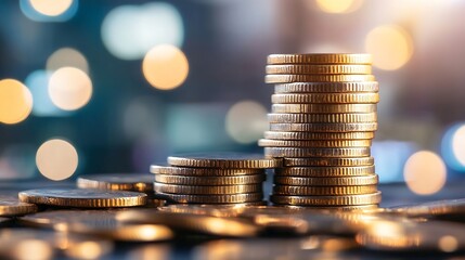 Fototapete - A close up view of neatly stacked coins with a soft bokeh background illustrating wealth and prosperity : Generative AI