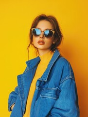 Aufkleber - A young woman wearing a denim jacket and sunglasses, possibly on the go or on a casual outing