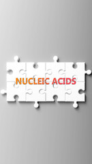 Aufkleber - Nucleic Acids complex like a puzzle - pictured as word nucleic acids on a puzzle pieces to show that nucleic acids is complex and needs cooperating pieces that fit together. ,3d illustration