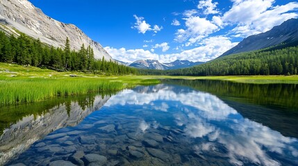Aufkleber - Breathtaking landscape of a clear lake reflecting mountains and trees under sunny blue skies : Generative AI
