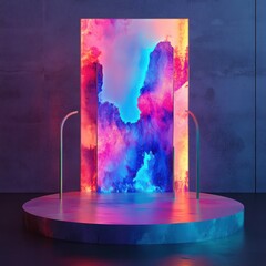 Poster - Abstract Glowing Portal on Concrete Stage a Mystical Entrance Framed by Neon Arches in Modern Style