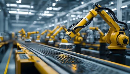 Poster - High-tech industrial automation featuring robotic arms on an assembly line, highlighting the future of manufacturing and efficiency in production processes.