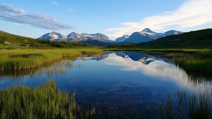 Poster - Stunning mountain scenery with clear reflections in calm water surrounded by lush greenery in summer : Generative AI