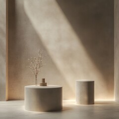 Poster - Minimalist Studio Showcase Gentle Interior with Cylindrical Platform Serene Sunlight on Soft Beige Wall