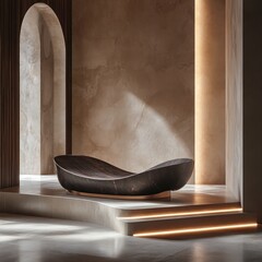 Poster - Elegant Serene Arrangement With Modern Dark Wooden Chaise Lounge Against Earthy Toned Backdrop Showcasing Art Deco Design