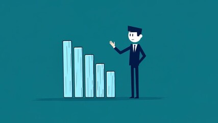 Poster - Modern businessman presenting financial growth with bar charts in a minimalist style on a teal background