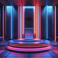 Poster - Sleek Futuristic Stage for Product Display with Neon Lighting and Modern Architecture Exhibition