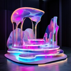 Poster - Abstract glass sculpture with neon glow on platform contemporary art exhibit modern iridescent artwork