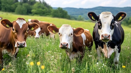Poster - Group of dairy cows grazing in a lush green field with hills and lush vegetation in the background : Generative AI