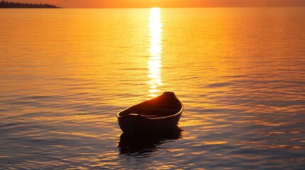 Aufkleber - Serene sunset scene with a solitary boat floating gently on a calm lake reflecting golden light : Generative AI