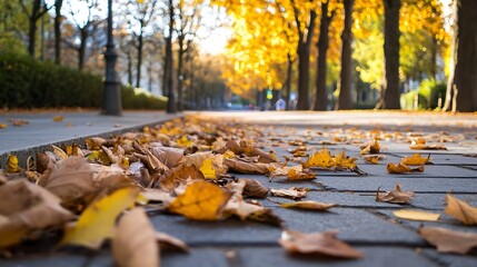 Poster - Colorful Autumn Leaves Littering a City Pathway Under a Canopy of Golden Trees : Generative AI