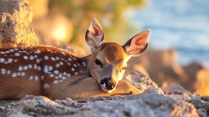 Aufkleber - Cute young fawn resting peacefully on rocky ground under soft golden sunlight : Generative AI