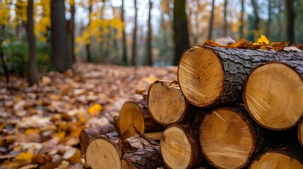 Poster - Freshly Cut Logs Stacked in a Forest Surrounded by Golden Leaves : Generative AI