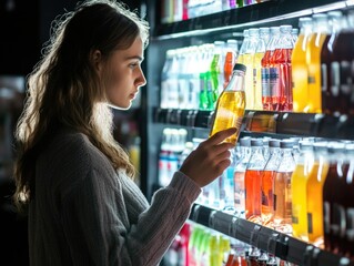 Fototapete - A woman browsing through a store's drink section, possibly considering purchasing a favorite beverage