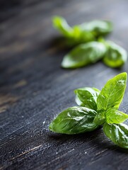 Poster - Fresh basil leaves placed on a dark wooden surface creating an inviting culinary atmosphere : Generative AI