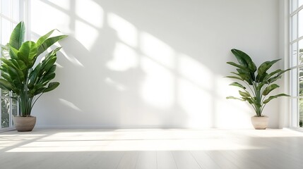 Poster - Bright minimalist interior with natural light and potted plants creating a serene atmosphere : Generative AI