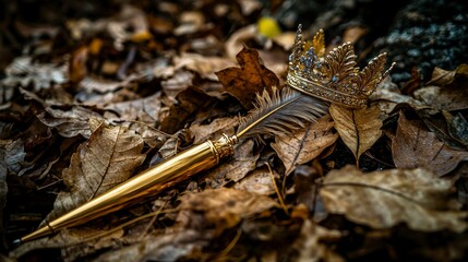 Poster - Royal quill pen with crown on autumn leaves artistic composition nature close-up creativity unleashed