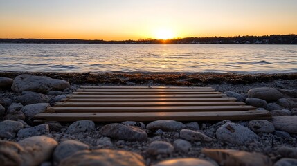 Aufkleber - Serene beach at sunset with wooden planks and smooth rocks along the calm water : Generative AI