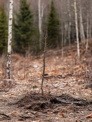 Poster - Lonely Bare Tree Standing Alone Amidst Unsightly Terrain in a Serene Forest Setting : Generative AI