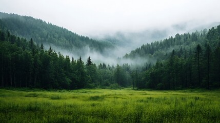 Aufkleber - Enchanting Rainforest Lined with Tall Green Trees and Mist Rising from the Ground : Generative AI