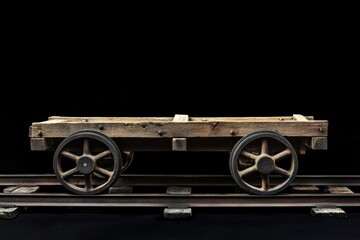 Poster - A rustic wooden cart sits atop a train track, with a worn wooden surface and rusty metal details