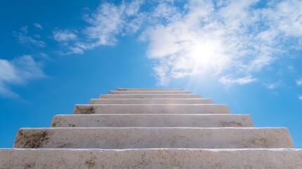 Poster - Stunning view of upward concrete stairs under bright blue sky with sun shining through clouds : Generative AI
