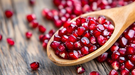 Aufkleber - Fresh ripe pomegranate seeds gathering together on rustic wooden surface ready for consumption : Generative AI