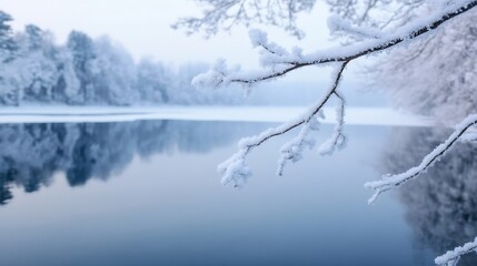 Aufkleber - Serene winter landscape with frosted branches and a calm lake reflecting the peaceful snowy surroundings : Generative AI
