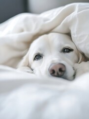 Poster - A fluffy and calm white dog resting comfortably in soft bedding with a serene expression : Generative AI