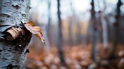 Poster - Charming autumn scene featuring a closeup of birch tree bark with a single dry leaf amidst a blurred forest background : Generative AI