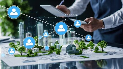 Poster - Modern Businessman Using Digital Technology for Urban Development in Futuristic City Landscape