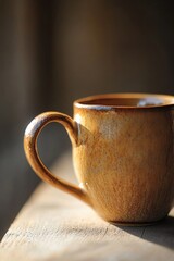 Poster - A single coffee cup sits on top of a wooden table