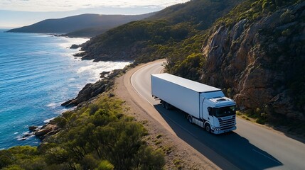 Aufkleber - A large white truck cruising along a coastal road with rocky cliffs and ocean views : Generative AI