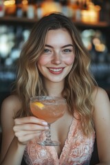 Aufkleber - A beautiful young woman holds a glass of wine, perfect for romantic or celebratory occasions