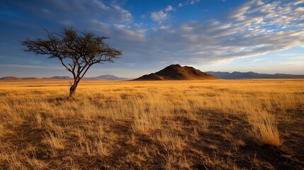 Poster - Vast Golden Grassland with Lone Tree Against Majestic Mountain Under Blue Skies : Generative AI