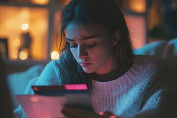 Poster - A woman sits on a couch, focused on her cell phone