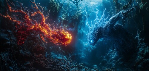 Aufkleber - Epic battle of fire and water spirits underwater realm fantasy art deep sea intense clash