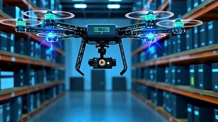 Poster - Futuristic Drone in Action Within a High-Tech Warehouse Environment with LED Lights and Open Aisles