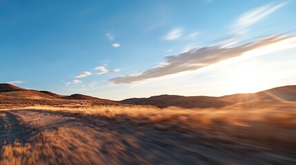 Poster - Stunning panoramic view of a golden grass field under a vibrant sky during sunset : Generative AI