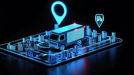 Poster - Futuristic Delivery Truck on Digital Map with Location Pin and Cityscape in Neon Glow Technology