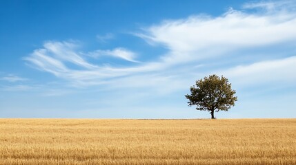 Poster - Lone tree standing tall in a golden wheat field under a picturesque blue sky adorned with gently drifting clouds : Generative AI