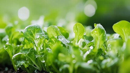 Poster - Fresh green lettuce leaves with water droplets glistening under soft sunlight in a garden : Generative AI